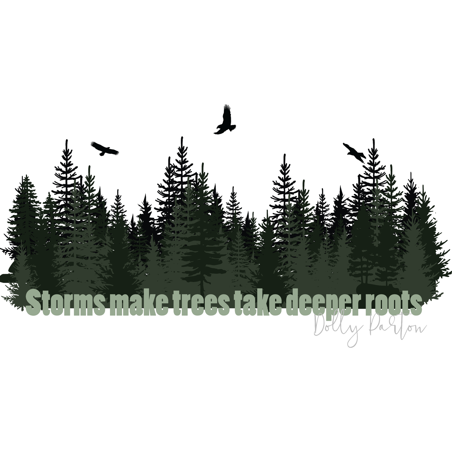 forrest scene with birds flying overhead with quote "Storms make trees take deeper roots" Dolly Parton