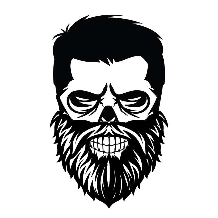 Smiling Skull with a beard and floppy hair and fierce gaze