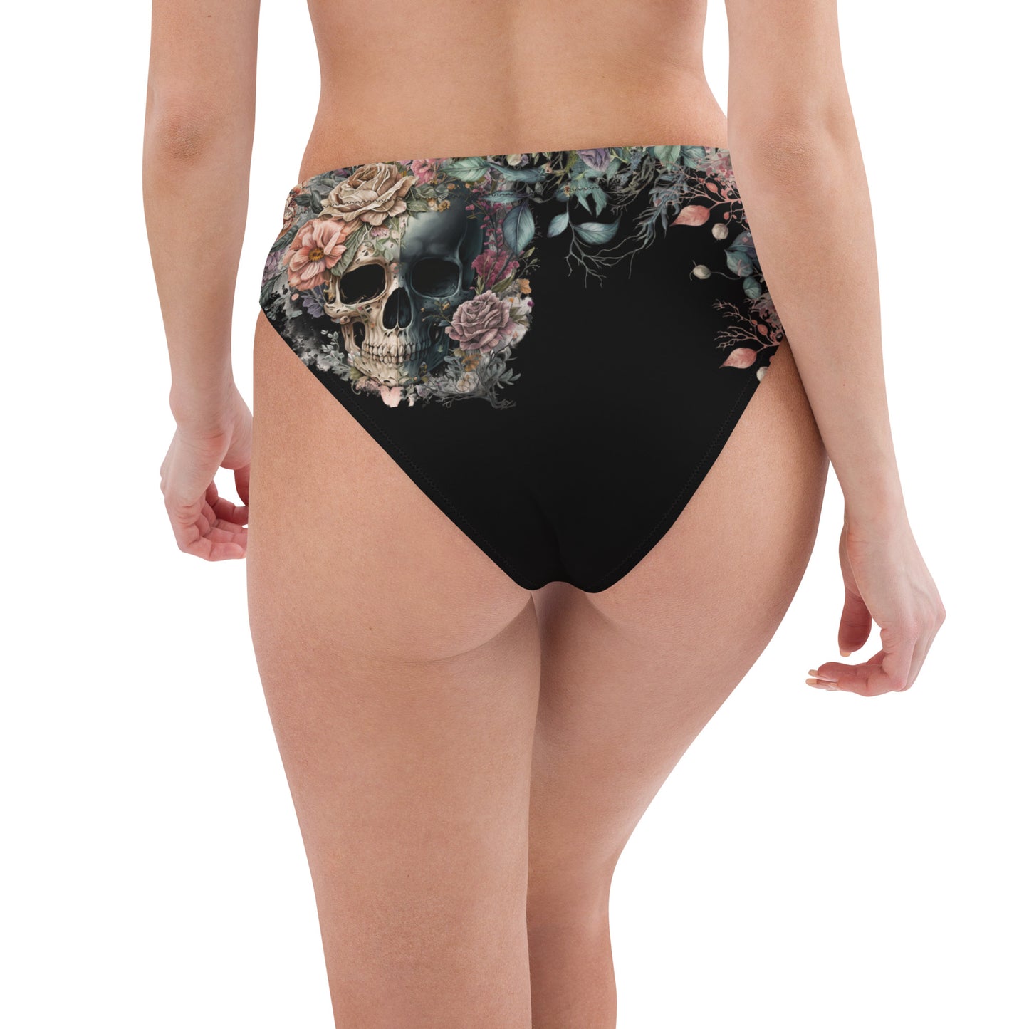 Skull and Flower Black  high-waisted bikini bottom
