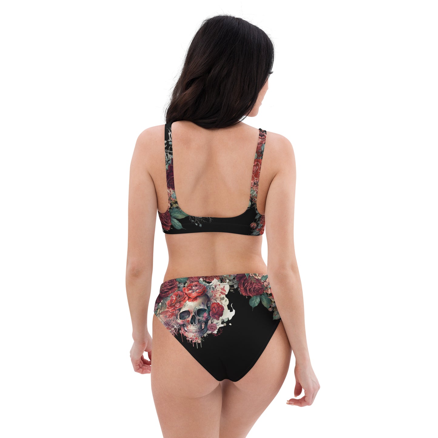 Flower Skull Red and Black Two Piece high-waisted bikini