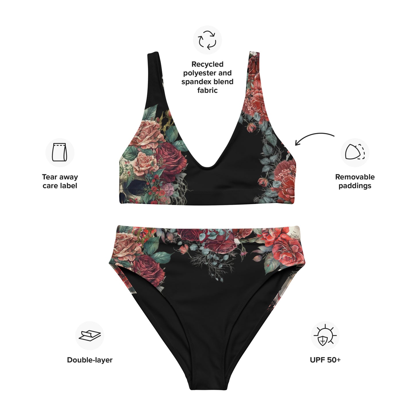 Flower Skull Red and Black Two Piece high-waisted bikini
