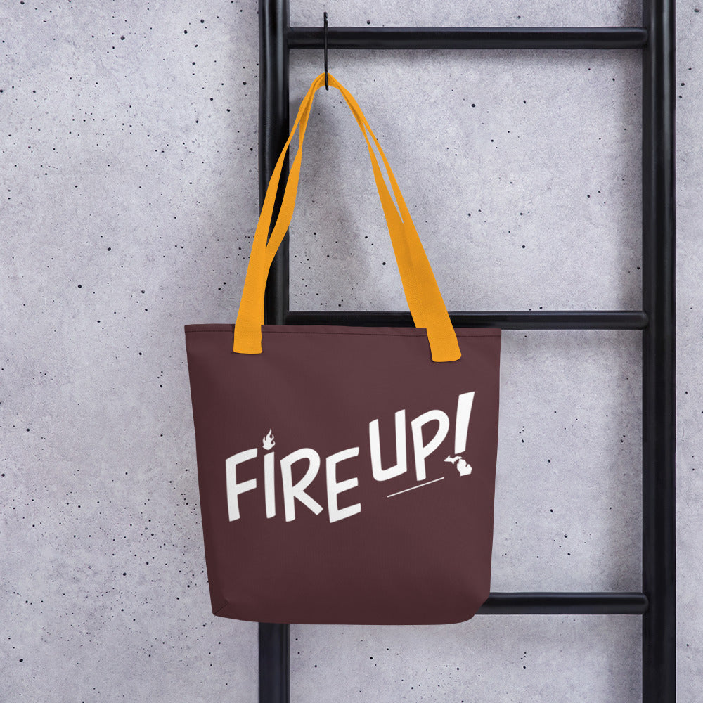 Fire Up! in Maroon Tote bag yellow strap