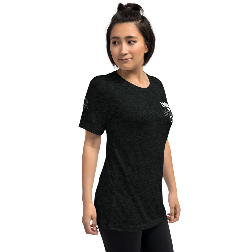 Okayest t-shirt with sleeve print charcoal black profile