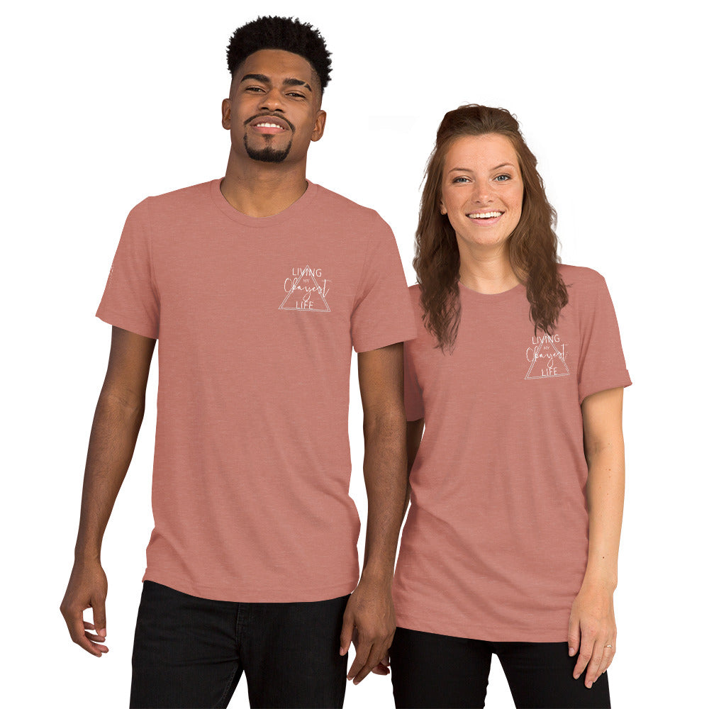 Couple wearing matching mauve Okayest Life t-shirts